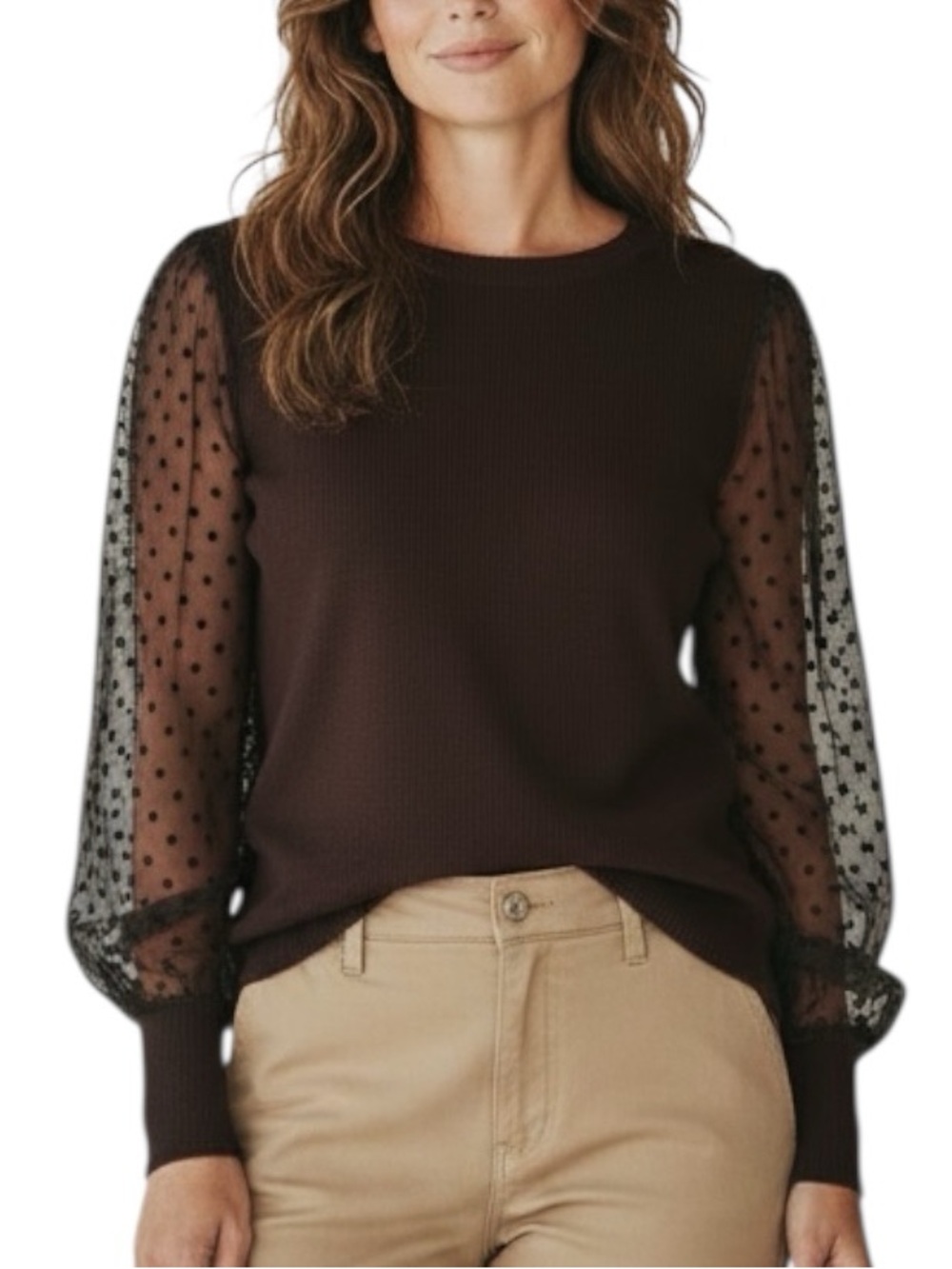 NWT ADRIANNA PAPELL Deep Chocolate Sheer Polka Dot Sleeve Sweater Size Large